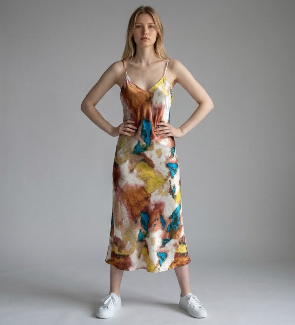Y2K Abstract Satin Slip Dress Midi Bias Cut Art Print Coquette Fairy Grunge L -